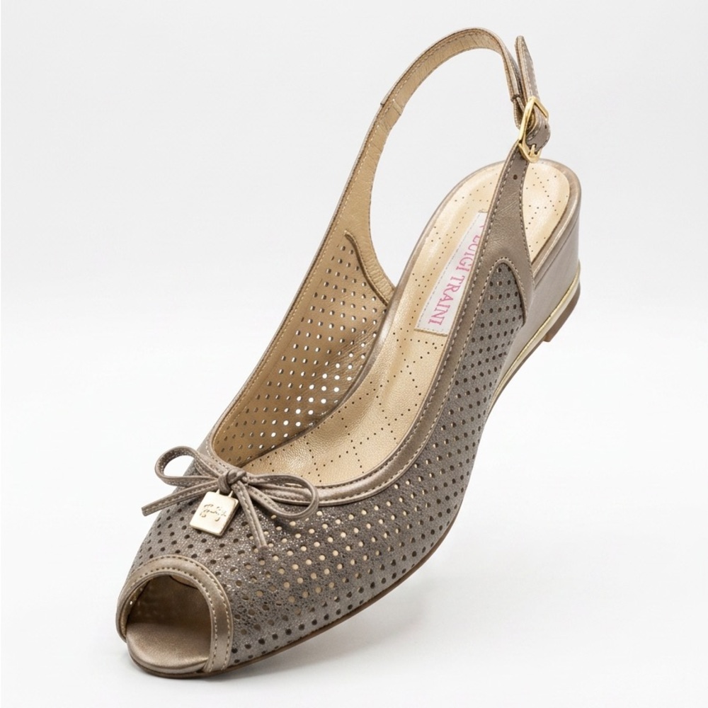 Luigi Traini Women’s Beige Suede Taupe Perforated Peep-Toe Slingback Wedge